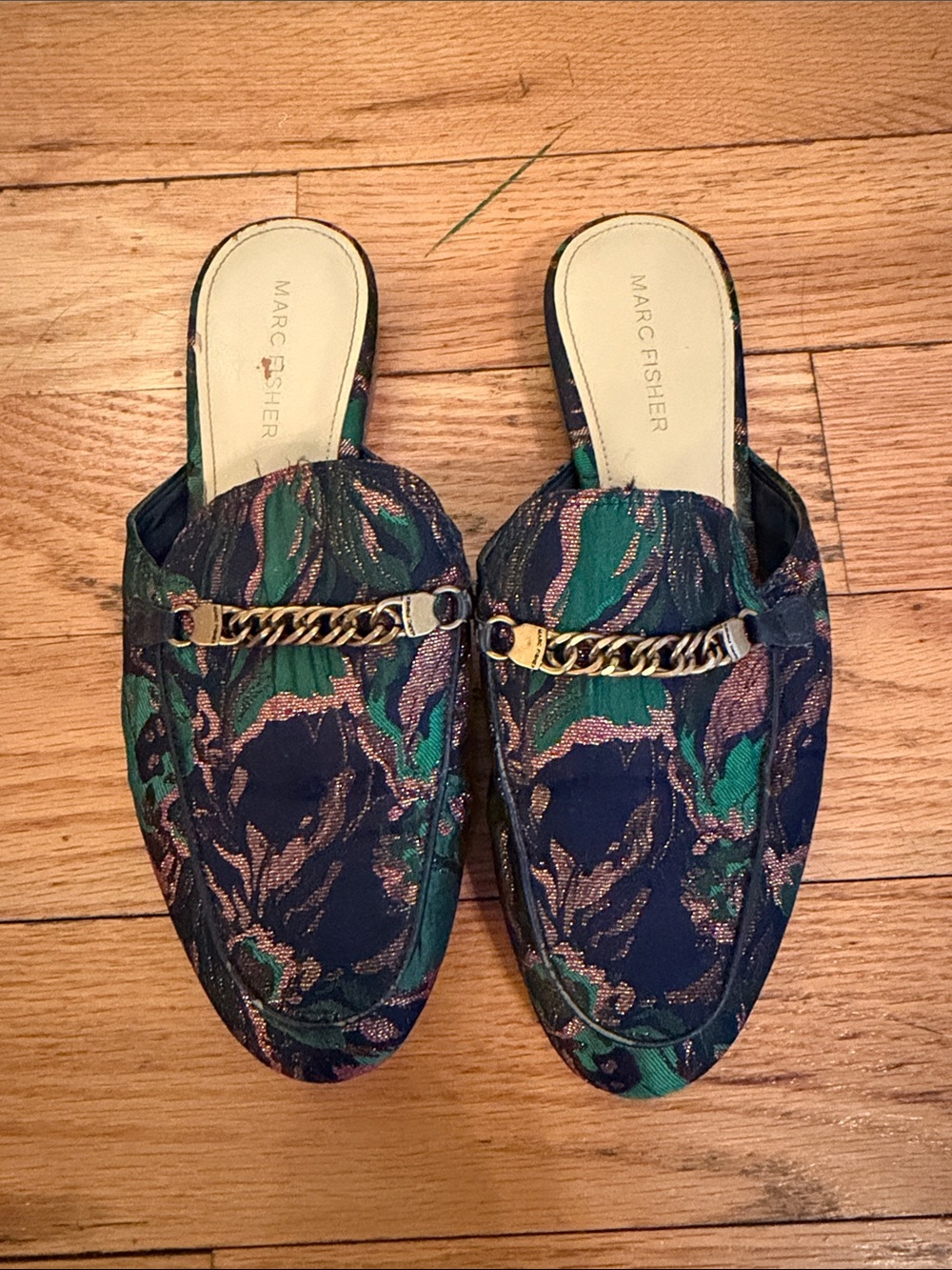 Marc Fisher Navy & Green Floral Chain-Trim Slip-On Mules